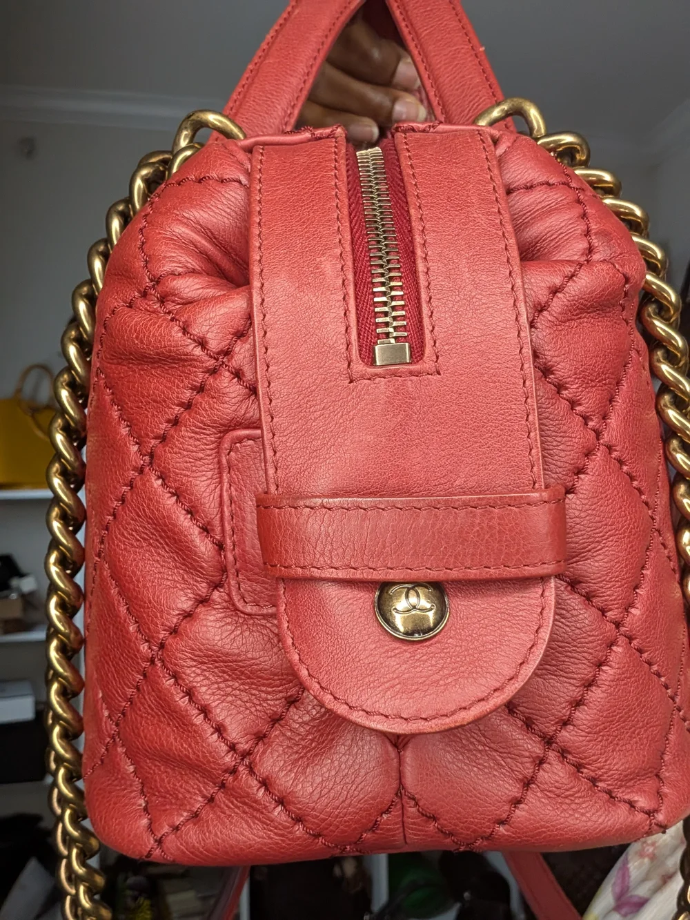 Chanel CC 2 way top handle Quilted Red Shoulder Handbag with bronze Chain
